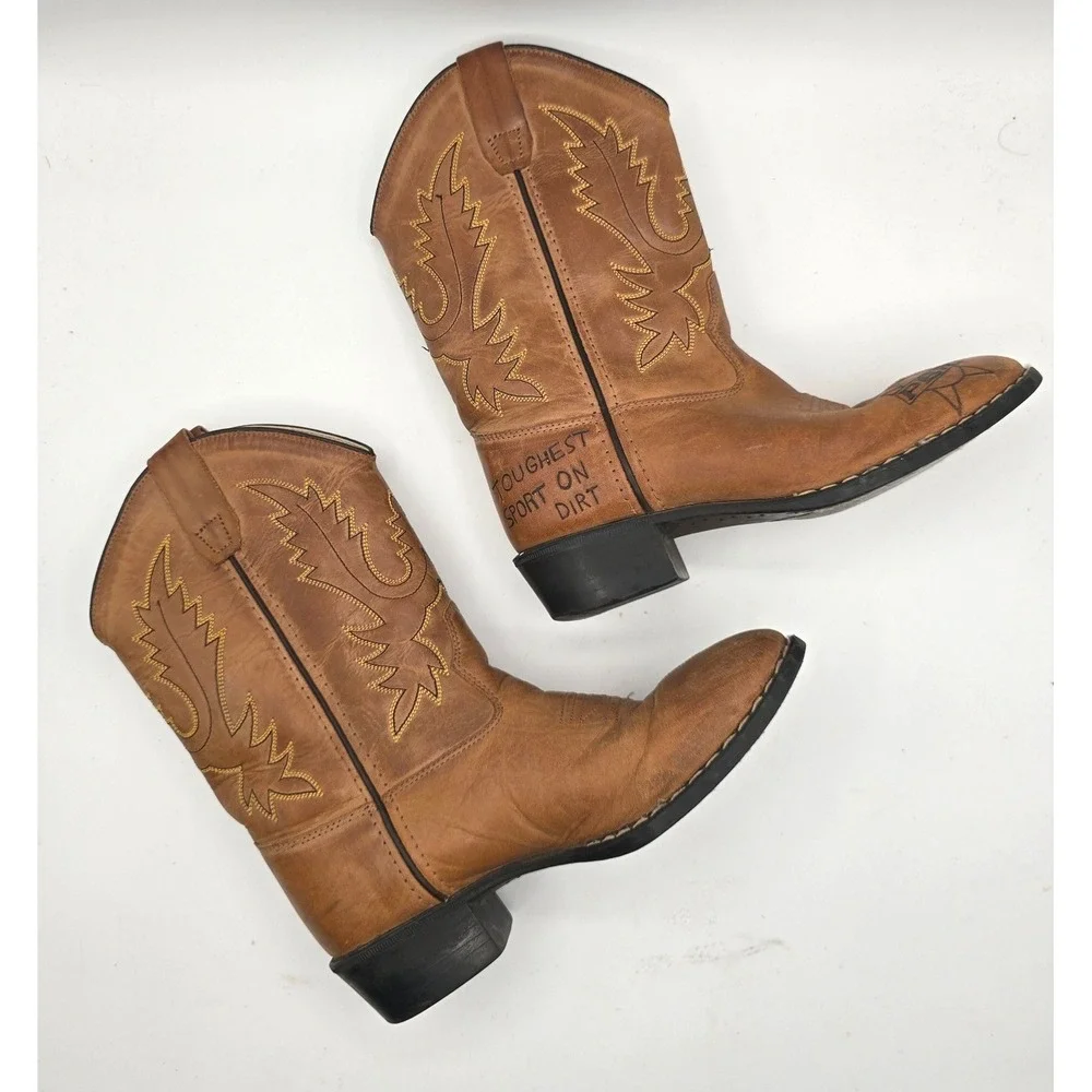 Old West Kids PBR Rodeo Tan Leather Cowboy Boots Toughest Sport on Dirt Size 3